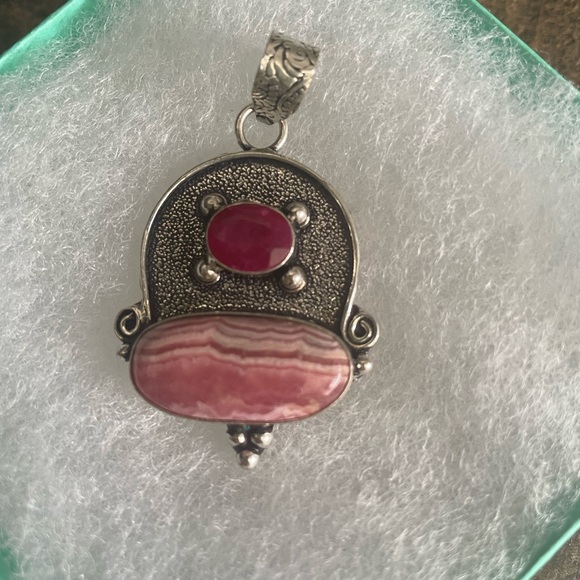 Ruby / Striped Rhodochrosite 925 Sterling Silver Pendant /Hand Crafted ❤️ - Picture 3 of 6